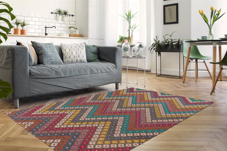 Moderner Wohnbereich mit grauem Sofa, hellem Parkettboden und einem bunten Teppich mit geometrischem Muster und verschiedenen Zimmerpflanzen.