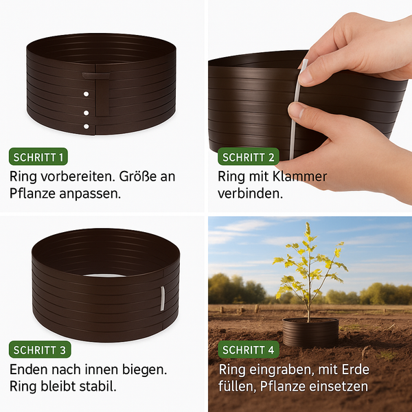 Anleitung zur Montage eines braunen Pflanzenstützrings in vier Schritten