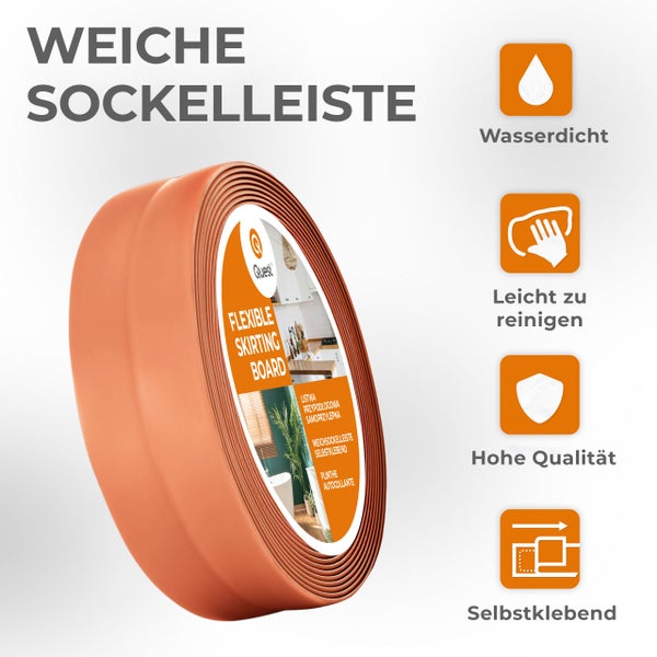 Flexible, selbstklebende Weichsockelleiste auf der Rolle mit Symbolen für wasserdicht, pflegeleicht, hohe Qualität und einfache Montage.