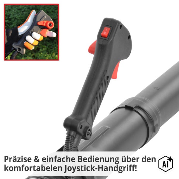 Ergonomischer Joystick Handgriff eines Laubsaugers mit Schalter und Betätigungshebel für eine einfache Bedienung.