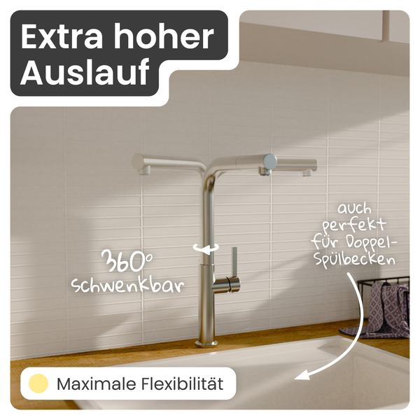 Küchenarmatur mit hohem Auslauf und 360 Grad Schwenkbereich