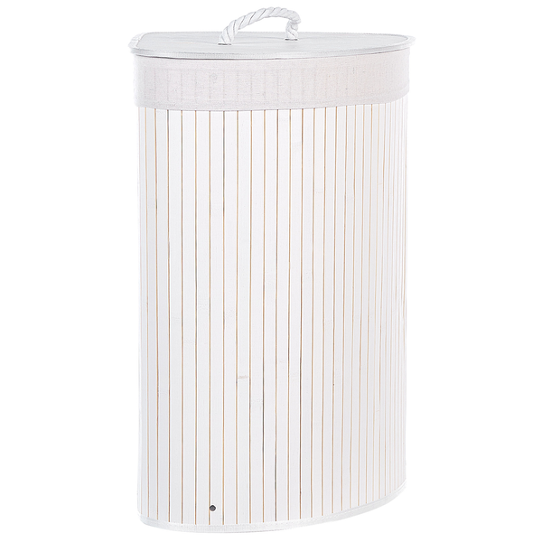 Ovaler Wäschekorb aus Bambus mit Stoffdeckel und Seilgriff.