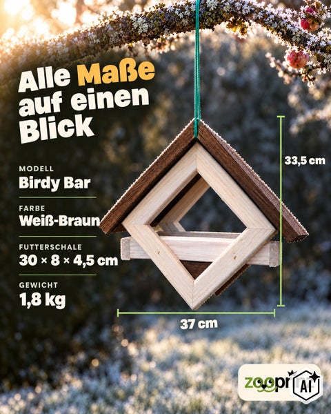 Holz Vogelhaus Birdy Bar zum Aufhängen mit Maßangaben, 37 mal 33,5 Zentimeter, Zooprinz Logo
