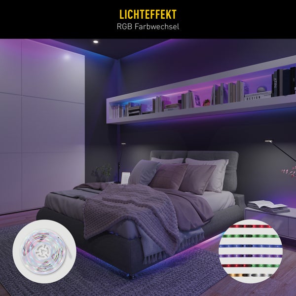 Modernes Schlafzimmer mit indirekter Beleuchtung durch LED-Streifen