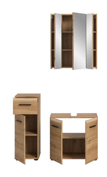 Dreiteiliges Badezimmermöbel-Set in Eichenoptik bestehend aus Spiegelschrank, Hochschrank und Waschbeckenunterschrank mit schwarzen Griffen.
