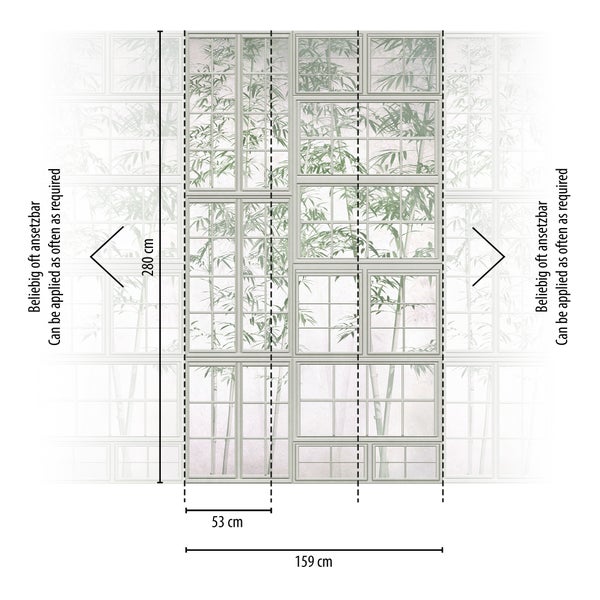 Fototapete mit Bambus-Motiv hinter Fensterrahmen, Höhe 280 Zentimeter, Breite 159 Zentimeter, beliebig oft ansetzbar.
