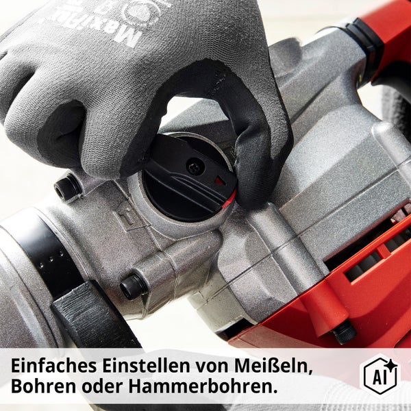 Hand im Arbeitshandschuh stellt den Funktionswahlschalter eines Kombihammers für Bohren, Hammerbohren oder Meißeln ein.