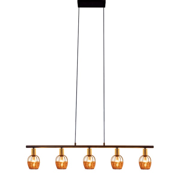 5er Pendelleuchte CORBIS,  Hängelampe aus Metall in Schwarz, mit Gold und Rattan, mit E14-Fassung, für Esszimmer, Wohnzimmer, Diele oder Büro, 100 cm lang