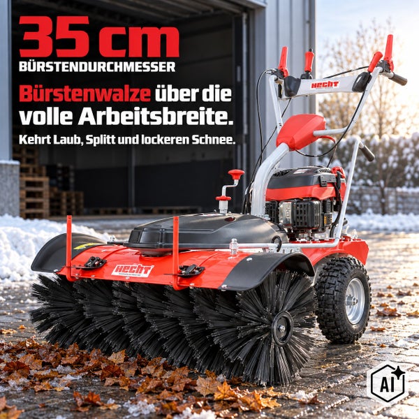 Hecht Kehrmaschine mit 35 Zentimeter Bürstendurchmesser und Bürstenwalze über die volle Arbeitsbreite zum Kehren von Laub, Splitt und Schnee.