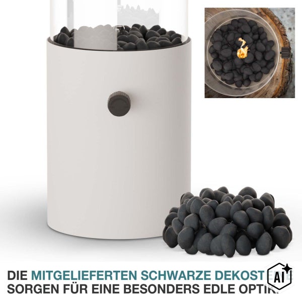 Tischkamin mit Glasaufsatz und mitgelieferten Dekosteinen zur Dekoration