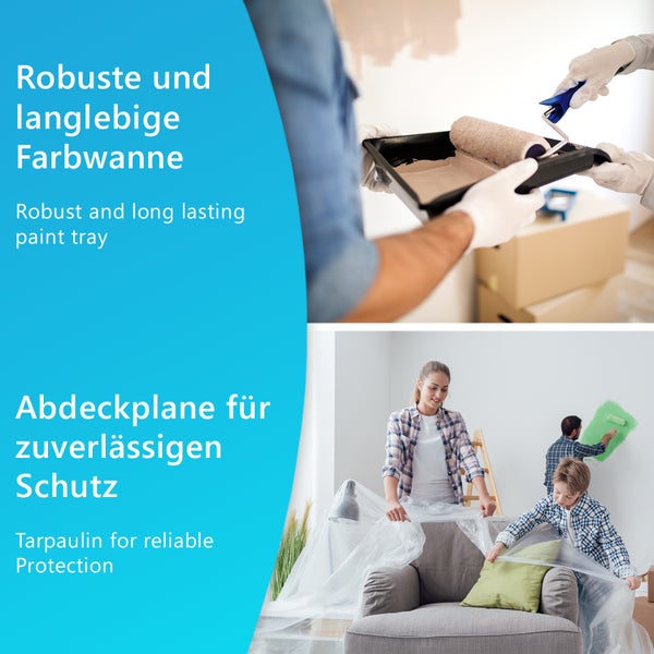 Robuste Farbwanne mit Farbroller und eine Familie, die Möbel mit einer transparenten Abdeckplane für Malerarbeiten in einem hellen Raum abdeckt.