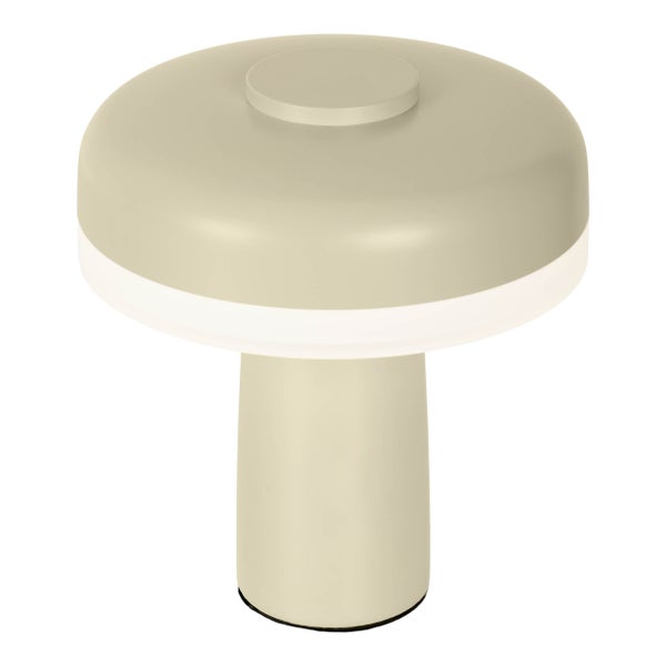 Akku-Tischleuchte PILU, 16,5 cm hoch, oben Ø von 15 cm, Metall in der Farbe Frost Allmond, weißer Kunststoff, integrierten LEDs,280 Lumen, dimmbar per Berührungssensor, warmweiß