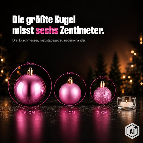 Drei Weihnachtskugeln im Größenvergleich mit Durchmessern von sechs, vier und drei Zentimetern vor einer stimmungsvollen Kulisse mit Teelicht.