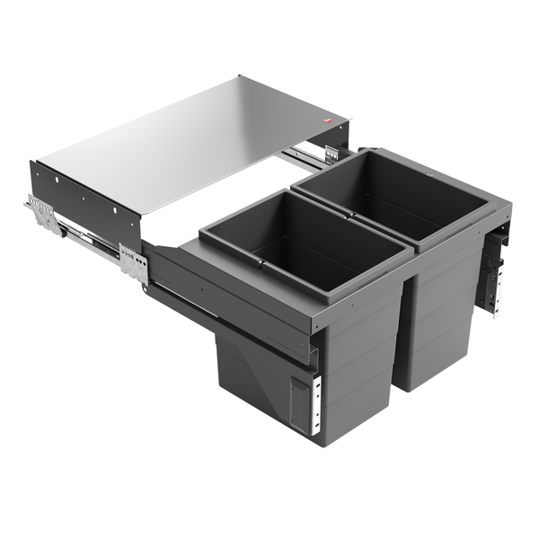 Ausziehbares Mülltrennsystem in Anthrazit mit zwei Kunststoffbehältern und einer Metallablage für den Einbau im Küchenunterschrank.