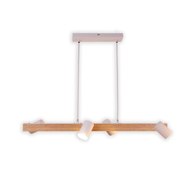 Deckenleuchte mit Holzdetails und weißen Strahlern