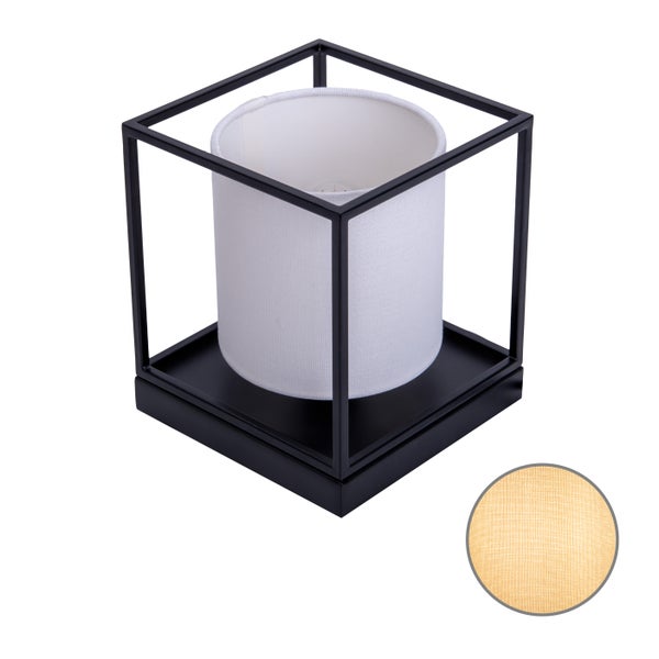 Tischleuchte mit Stoffschirm und quadratischem Metallgestell