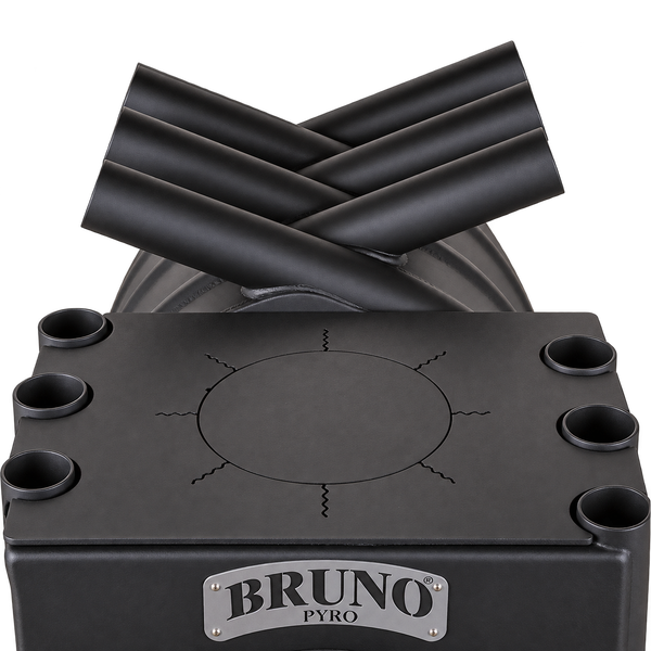 Detailansicht der Oberseite eines Bruno Pyro Werkstattofens mit markanten Konvektionsrohren und Kochplatte inklusive Bruno Pyro Logo