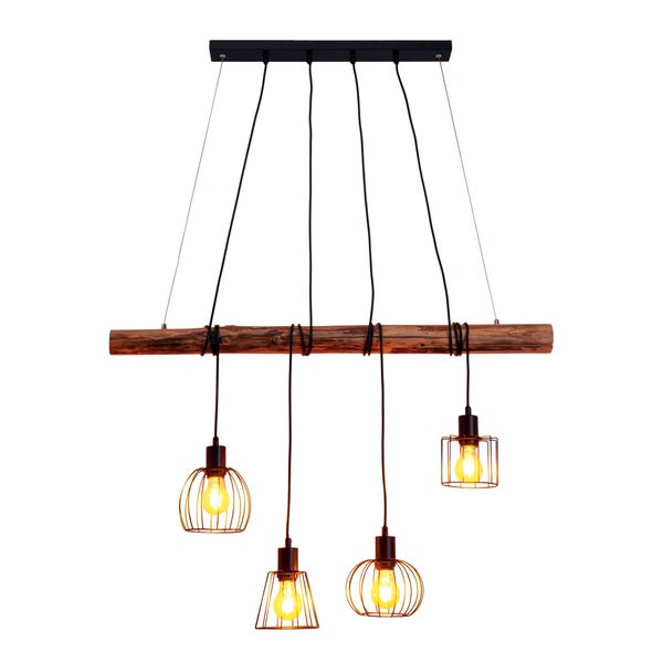 4er Pendelleuchte WOODLAND,  Hängelampe, Metall und Holz in Schwarz, und natur- E27-Fassung, für Esszimmer, Wohnzimmer, Diele oder Büro, 100 cm lang