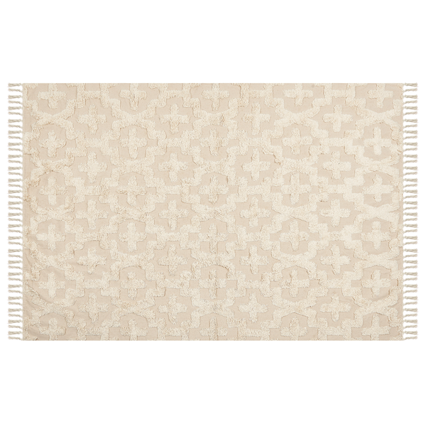 Strukturierter beiger Badeteppich mit erhabenem geometrischem Kreuzmuster und Fransen an den Enden.