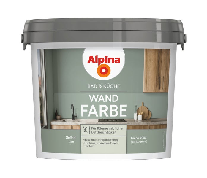 Alpina Wandfarbe für Bad und Küche in Salbei matt für Räume mit hoher Luftfeuchtigkeit, circa 20 Quadratmeter Reichweite.