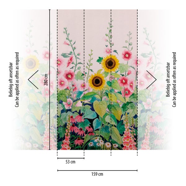 Fototapete mit Aquarell-Blumenmuster, Sonnenblumen und Malven. Maße 159 mal 280 Zentimeter, beliebig oft ansetzbar.