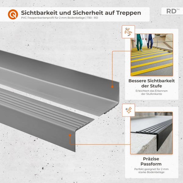 PVC-Treppenkantenprofil für 2 Millimeter Bodenbeläge zur Erhöhung der Sichtbarkeit und Sicherheit auf Treppen.