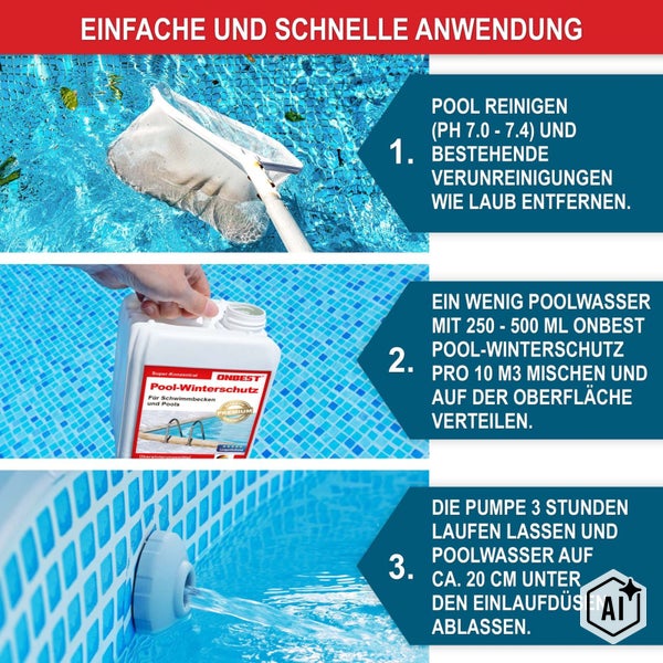 Anleitung zur Anwendung von Onbest Pool Winterschutz in drei Schritten zur Vorbereitung des Swimmingpools auf die Wintersaison.