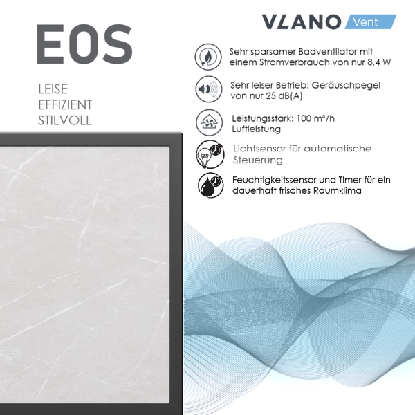 Badventilator VLANO EOS mit Marmoroptik, energieeffizient, leise, leistungsstark, mit Lichtsensor, Feuchtigkeitssensor und Timer.