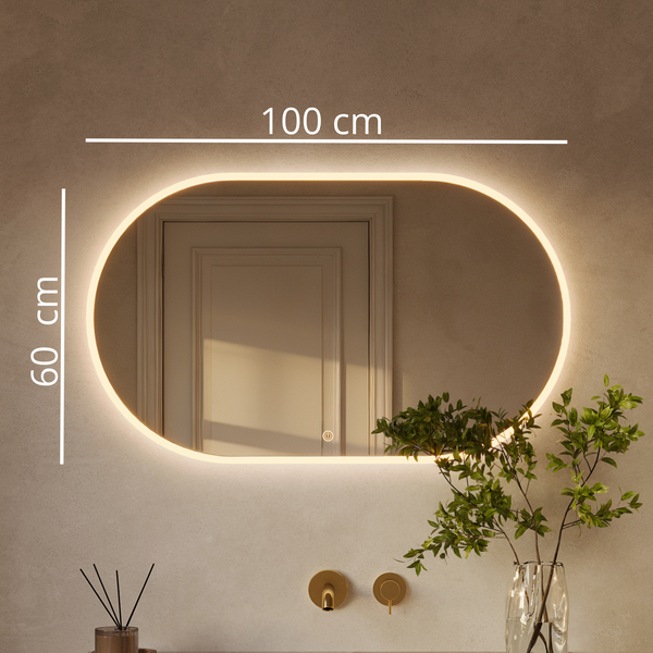 Ovaler LED Badezimmerspiegel mit indirekter Beleuchtung, 100 cm breit und 60 cm hoch, inklusive Touchschalter zur Steuerung des Lichts.