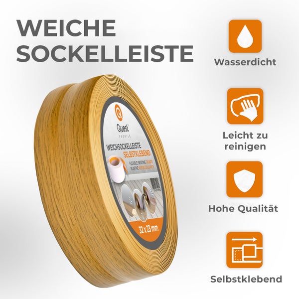 Quest Weichsockelleiste Selbstklebend 32 x 23 mm, PVC Sockelleiste, Flexibel, Eiche, 5 Meter