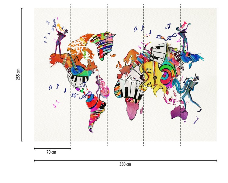 Fototapete mit Weltkarte aus Musikinstrumenten, 350 mal 255 Zentimeter, fünf Bahnen zu je 70 Zentimeter.