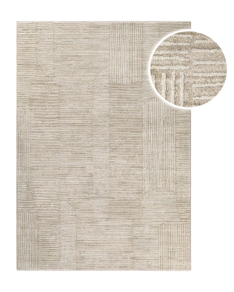 Rechteckiger Teppich mit geometrischem Linienmuster und strukturierter Oberfläche inklusive Detailansicht des Flors.