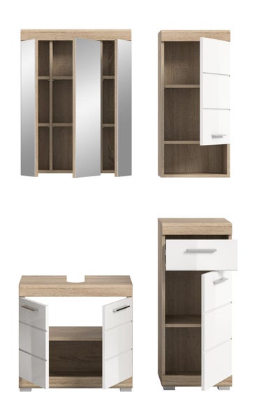 Badmöbel-Set in Eichenoptik und Weiß mit Spiegelschrank, Waschbeckenunterschrank und zwei Beistellschränken mit geöffneten Türen.