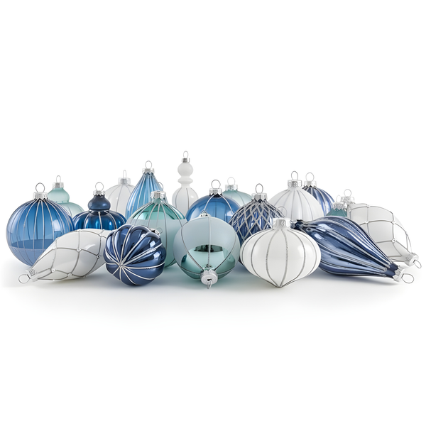 Set aus blauen und weißen Christbaumanhängern in verschiedenen Formen wie Kugeln und Tropfen mit glänzenden und matten Oberflächen.