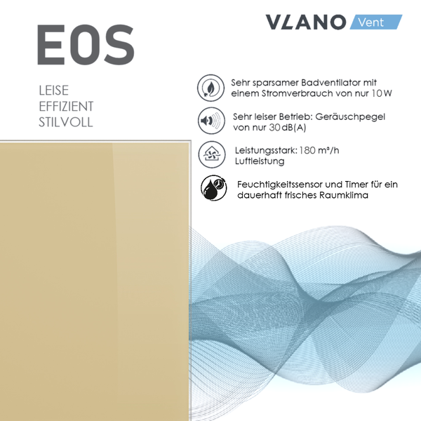 Vlano Vent Badventilator EOS mit 10 Watt, 30 Dezibel Geräuschpegel, 180 Kubikmeter pro Stunde Luftleistung, Feuchtigkeitssensor und Timer.