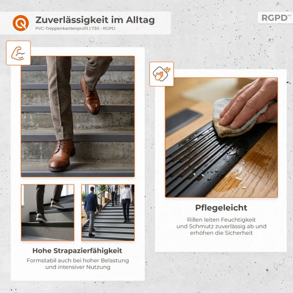 Strapazierfähiges PVC-Treppenkantenprofil im Einsatz auf einer Treppe und pflegeleichte Reinigung der gerillten Oberfläche, RGPD Logo.
