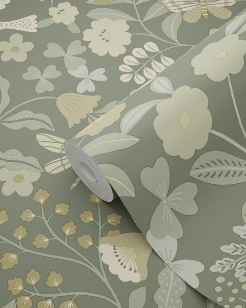 ESTAhome Tapete Blumen und Vögel Graugrün - 50 x 900 cm - 131465