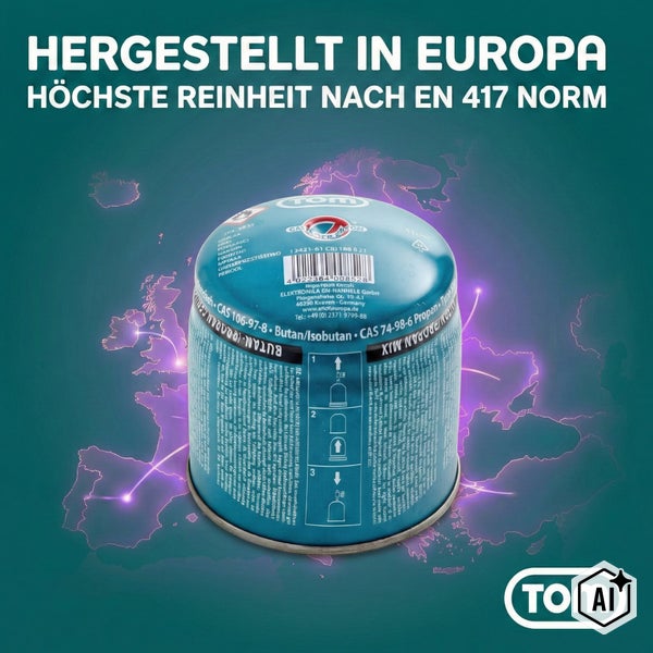 TOM Gaskartusche Butan-Isobutan-Propan-Gemisch nach Norm EN 417, hergestellt in Europa für Campingkocher und Gasbrenner.