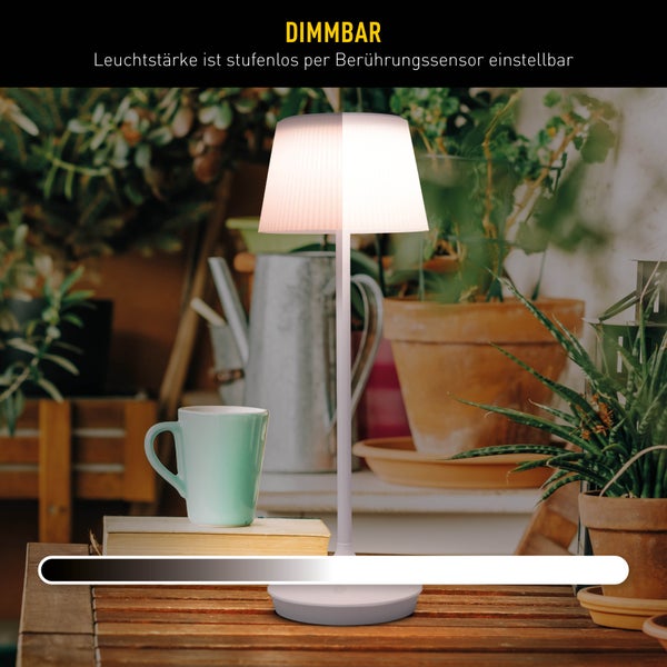 LED Leuchte EMMI für Außen und Innen, Tischlampe aus Metall und Kunststoff, mit fest verbauten LEDs, LED Tischlampe für Balkon, Terrasse, Garten, Wohnzimmer, Wintergarten, ca. 38 cm hoch