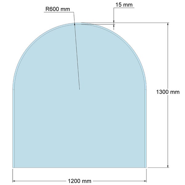 Technische Zeichnung einer bogenförmigen Platte: Breite 1200 Millimeter, Höhe 1300 Millimeter, Radius 600 Millimeter, Rand 15 Millimeter.