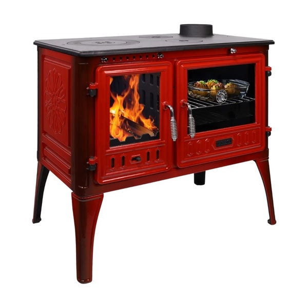 Roter Holzofen mit Backofen, 8,5 Kilowatt Leistung, 240 Kubikmeter Heizvermögen, unabhängig von Gas und Strom, erfüllt Emissionsstandards.