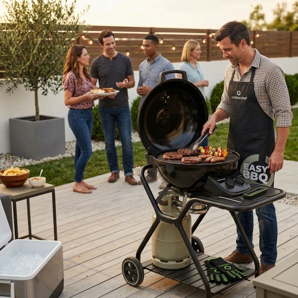Ein Mann grillt auf einem schwarzen Outdoorchef Kugelgasgrill auf einer hellen Holzterrasse. Im Hintergrund steht eine Gruppe von Freunden.