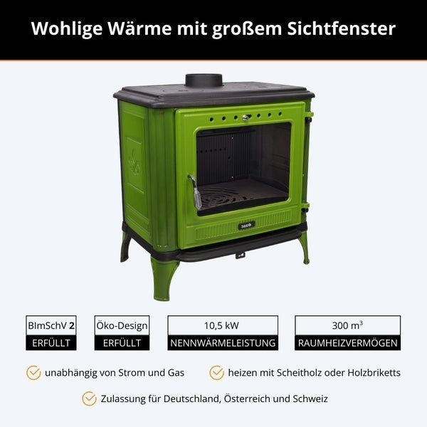 Grüner Kaminofen mit Sichtfenster, 10,5 Kilowatt Leistung, 300 Kubikmeter Heizvermögen, unabhängig von Strom und Gas, erfüllt Ökodesign-Richtlinien.