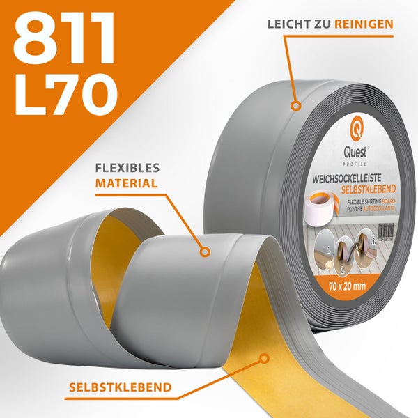 Quest Weichsockelleiste, Breite Sockelleiste 70 x 20 mm, PVC Knickleiste für Wand, Boden, Flexibel, Grau, 1 Meter