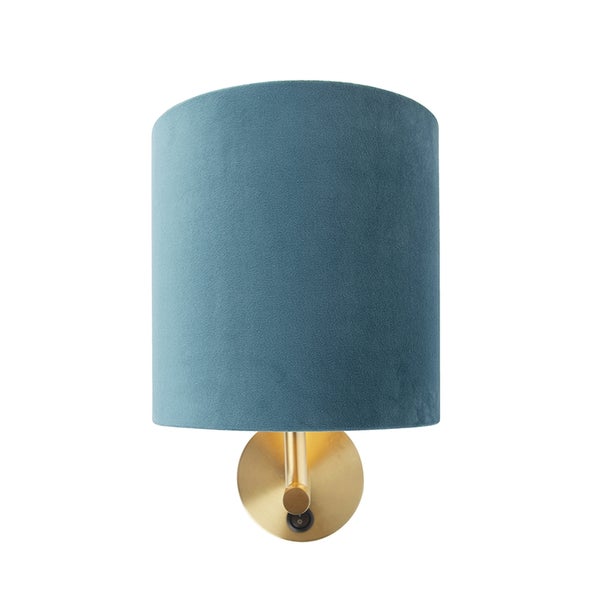 Enge Wandlampe Gold mit blauem Samtschirm - Matt