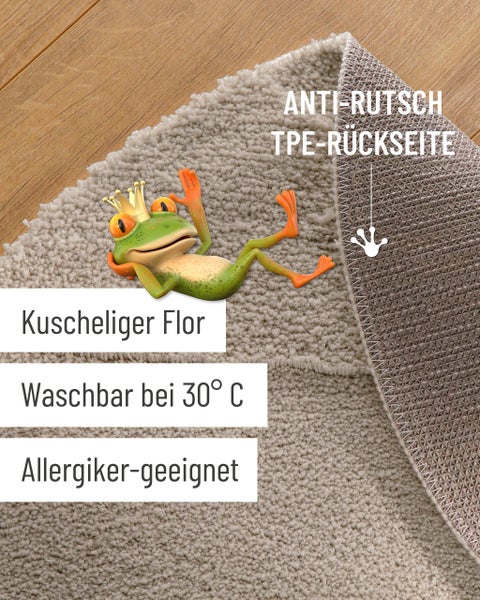 Beiger Badteppich mit kuscheligem Flor, rutschfester TPE-Rückseite, waschbar bei 30 Grad Celsius, für Allergiker geeignet.