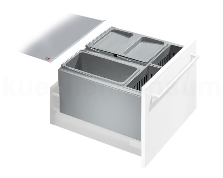 Abfalltrennsystem für Schubladen mit mehreren grauen Kunststoffeimern und einem Metalldeckel.