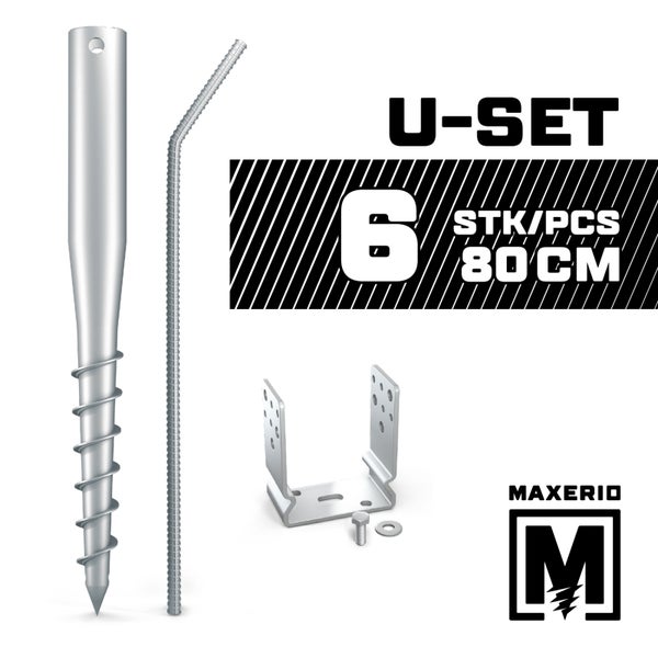 MAXERIO® 80 cm 6er U-Set + 9 cm Pfostenträger für Schraubfundament Bodenhülse Erdanker Erdschraube Schraubhülse Erdschraubenfundament Bodenanker Schraubanker Fundament für Spielturm Zaun Pfosten Pavillon