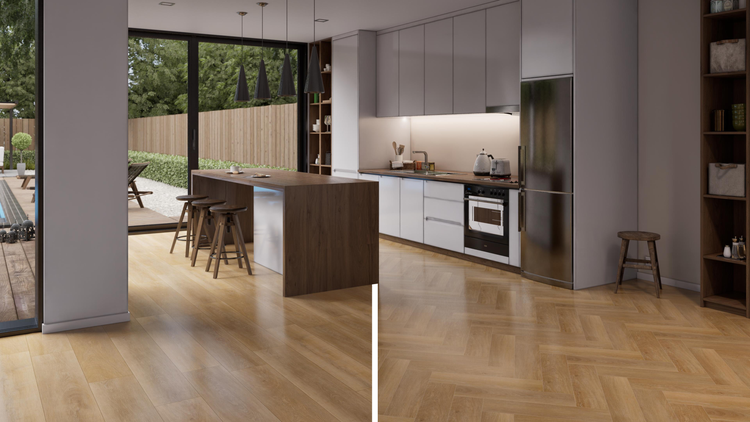 Helle, moderne Küche mit Kochinsel, Barhockern und Holzboden