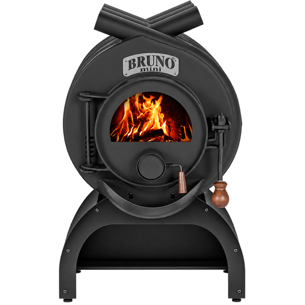 Bruno Mini Kaminofen aus Stahl mit Holzfeuer in der Brennkammer und Bruno Logo